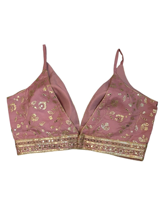 Baby Pink - Low V Neck Embroidered Saree / Lehenga Blouse - 40" Bust (UK 14) Can be let out to size 18 - B216 01KV25 - Prachy Creations