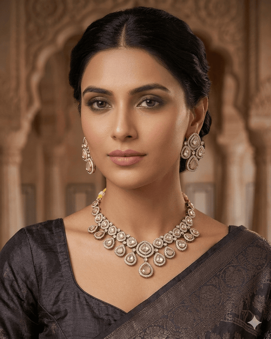 Baby Pink - Medium Size Antique Gold Finish Choki Necklace Set with Earrings - Bollywood - AVON-KU1788 08VT25 - Prachy Creations