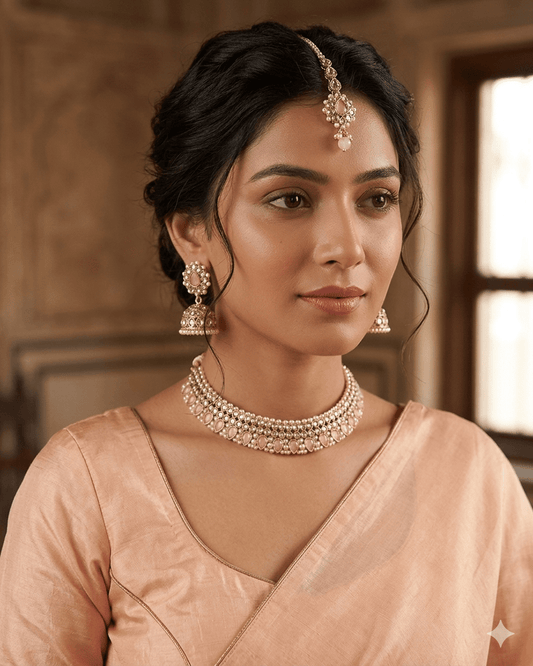 Baby Pink - Medium Size Antique Gold Finish Necklace Set with Earrings & Head Piece - 6NS449 04H26 - Prachy Creations