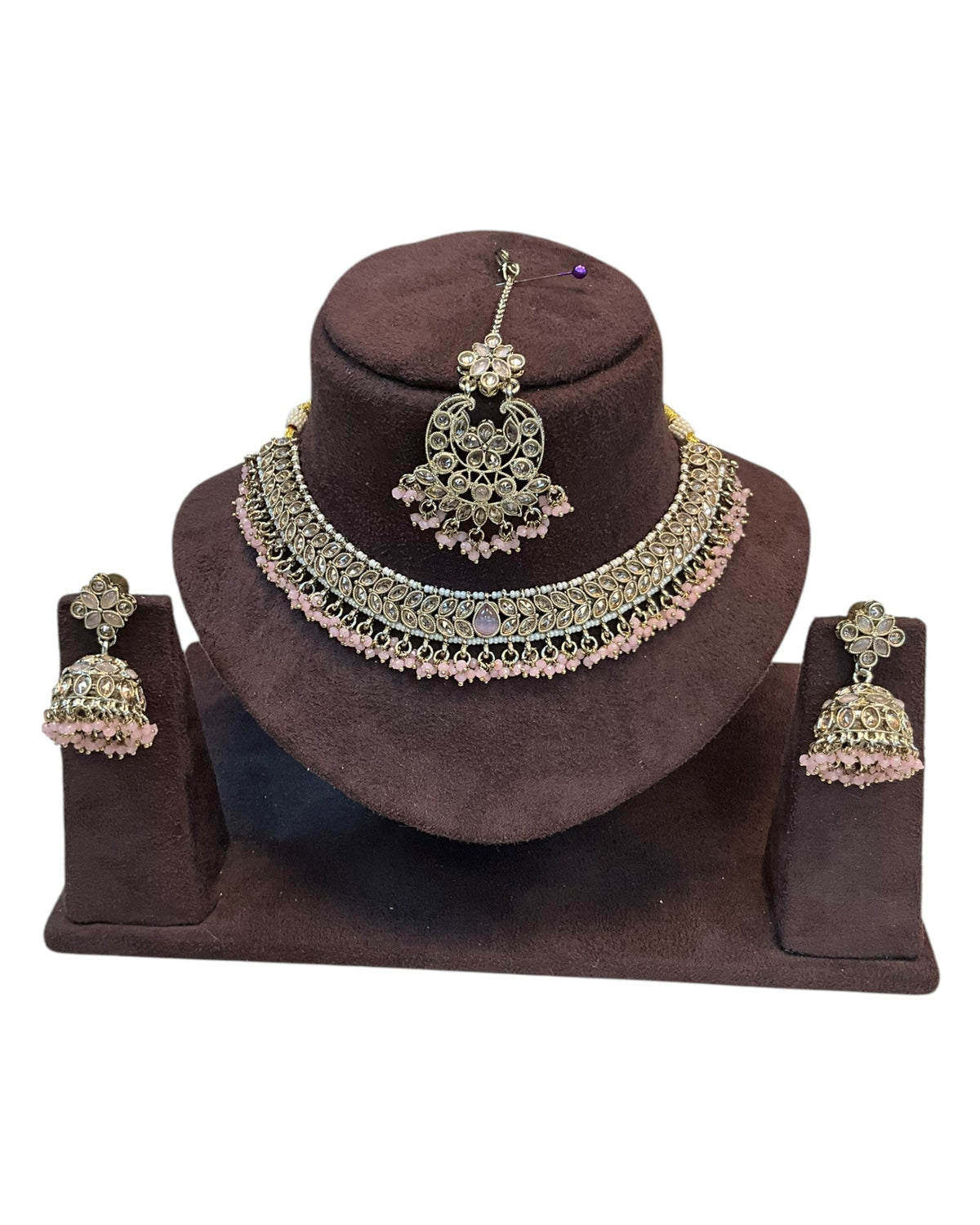 Baby Pink - Medium Size Antique Gold Finish Necklace Set with Earrings & Tika Head piece - GGA05 KV 0525 - Prachy Creations