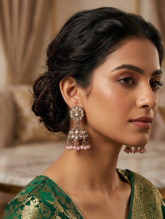 Baby Pink - Petite Floral Kundan & Pearl Jhumka Earrings - Prachy Creations