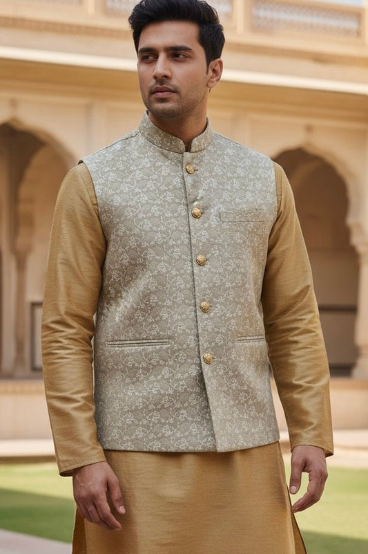 Beige Banarasi Brocade - Premium Mens Indian Waistcoat - UK Stock - 24 hr Dispatch - VNS-JKT23 10KT25) - Prachy Creations
