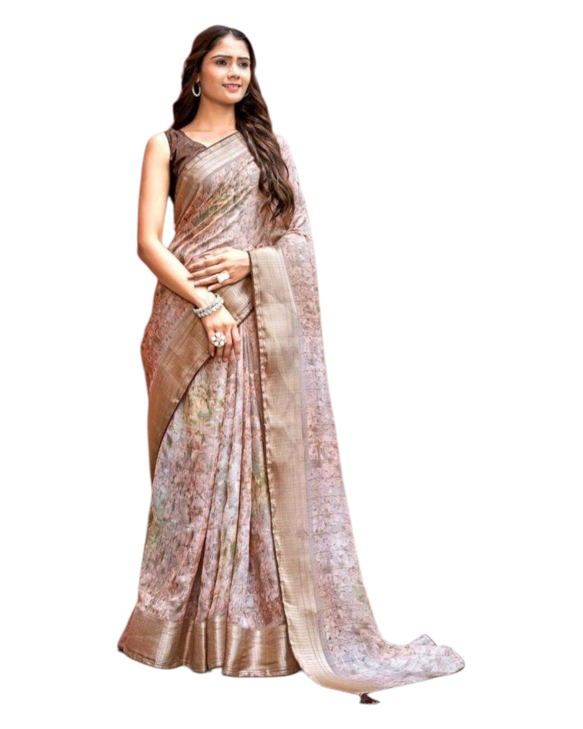 Beige - Crepe Printed Saree with Blouse Piece - KASVRI 106 10KK25 - Prachy Creations