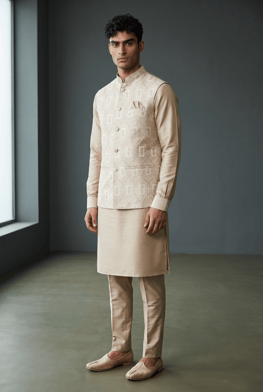 Beige - Mens Kurta Set with Rich Brocade Waistcoat - UK Stock - Quick Dispatch - SHU2605 05VV26 - Prachy Creations