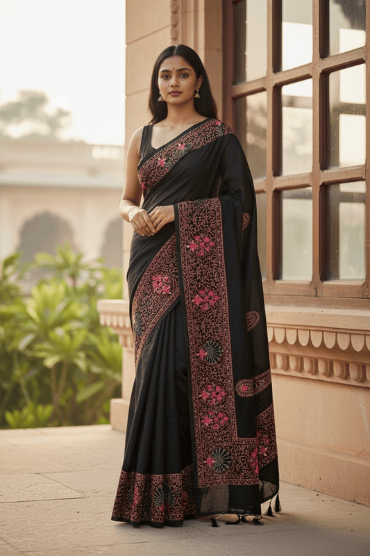 Black - Classic Saree with Thread Work and Blouse Piece - UK stock - 24hr Dispatch - RS2505 VY - Prachy Creations