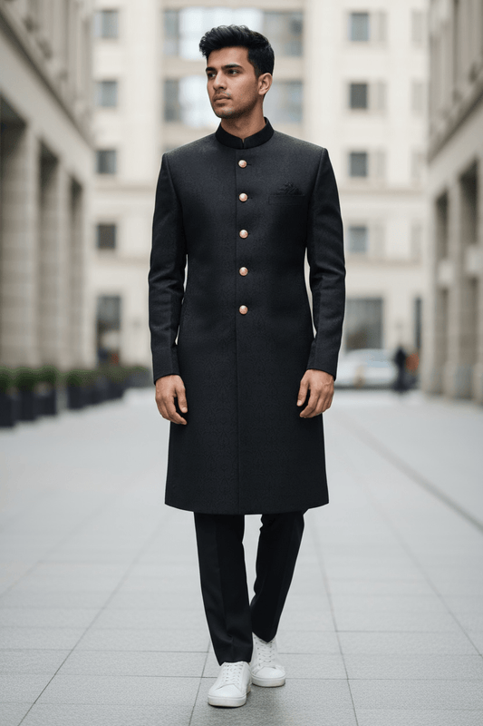 Black - Classic Self Brocade Sherwani with Gold Buttons - BS786 JP 0823 - Prachy Creations