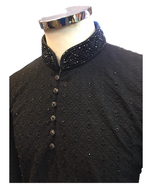 Black - Locknawi Chikankari Self Brocade Mens Indian Kurta set - Weddings / Walimas , Sangeet, Mehndi / Henna , Eid / Diwali - BS2502 01JY25 - Prachy Creations