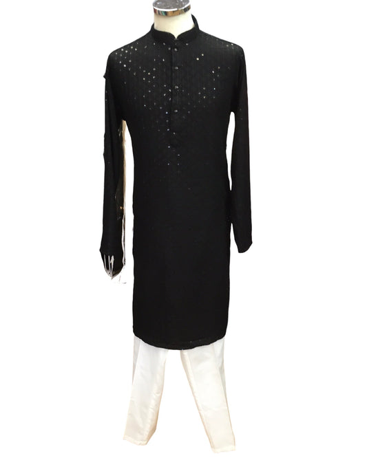 Black - Lucknowi Sequins Mens Indian Kurta set - Weddings / Walimas , Sangeet, Eid, Mehndi / Henna - YD2402 KT 0324 - Prachy Creations