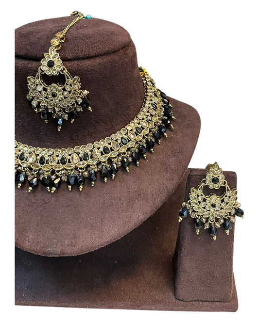 Black - Medium Size Antique Gold Finish Necklace Set with Earrings - RZ31 KYp - Prachy Creations