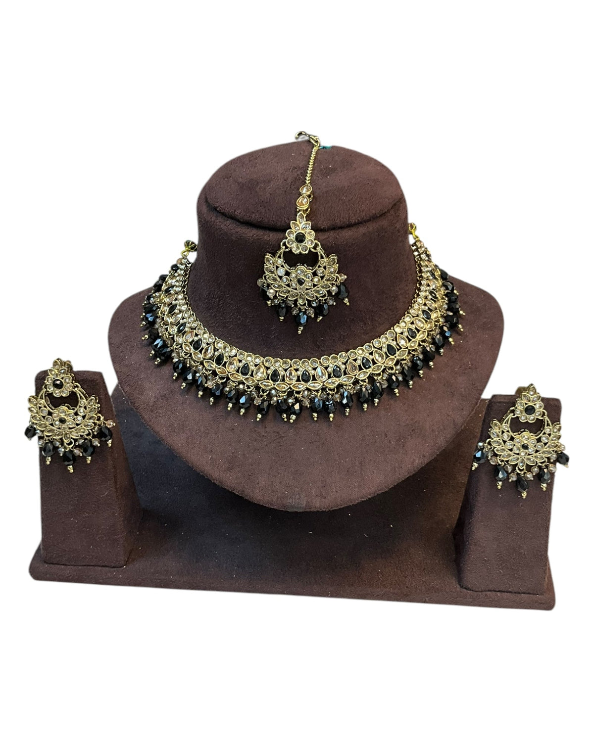 Black - Medium Size Antique Gold Finish Necklace Set with Earrings - RZ31 KYp - Prachy Creations