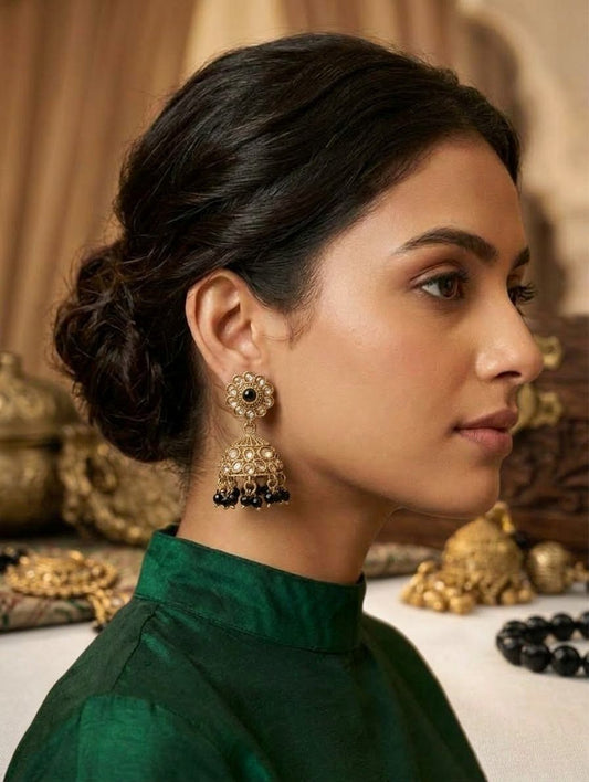 Black - Petite Floral Kundan & Pearl Jhumka Earrings - Prachy Creations