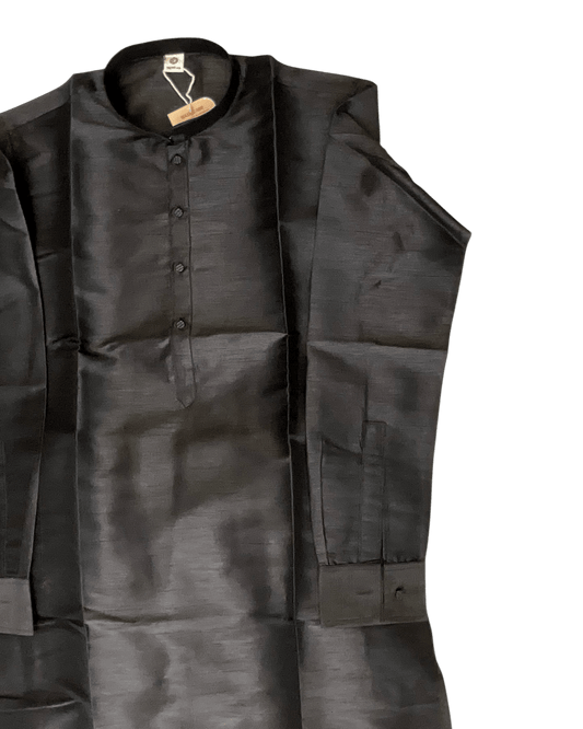 Black - Plain Silky Mens Indian Kurta set with Trousers - UK Stock - Weddings / Walimas , Sangeet, Diwali, Eid, Mehndi / Henna - EM66 05KJ26 - Prachy Creations