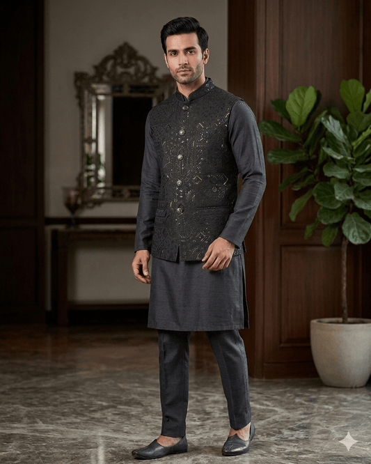 Black - Rich All Over Embroidered - Mens Indian Waistcoat - UK Stock - 24 hr Dispatch - KCS4088 06VV26 - Prachy Creations