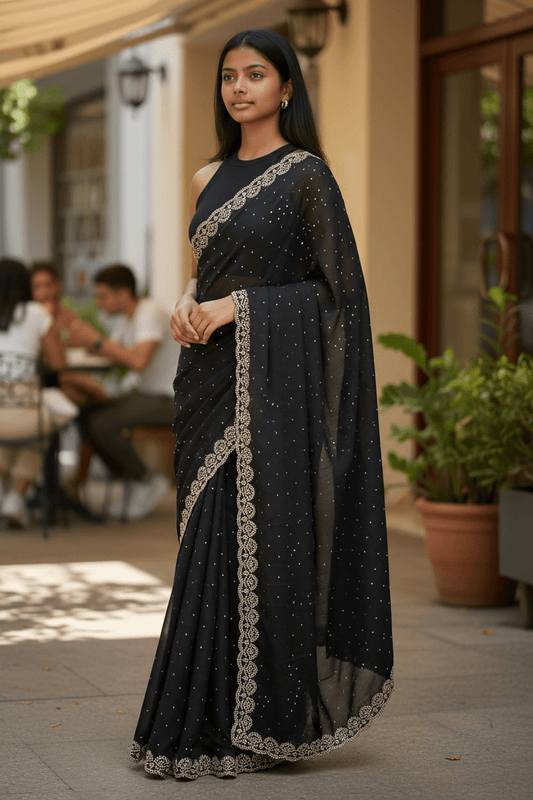 Black - Rich Saree with Stone Work Border and Blouse Piece - UK stock - 24hr Dispatch - RS2509 VA - Prachy Creations