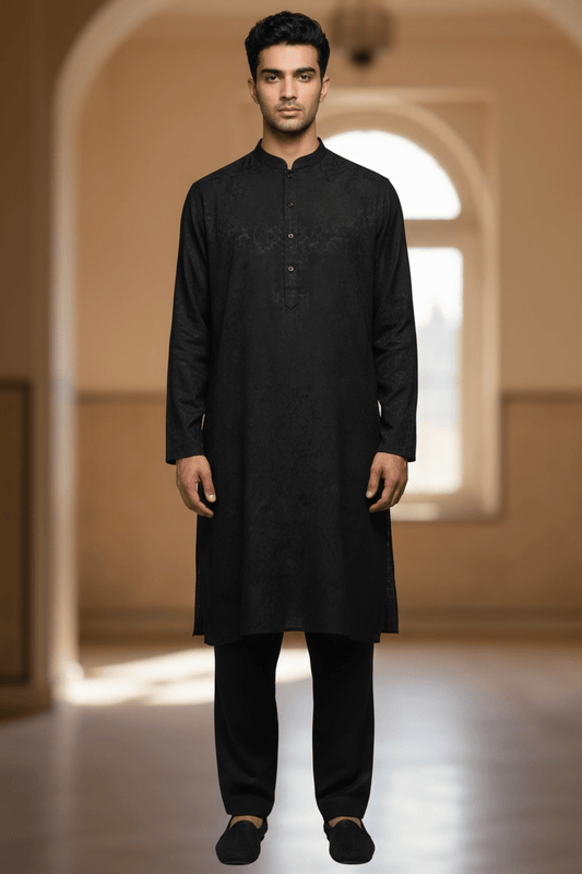 Black - Soft Cotton Self Woven Mens Kurta Set - Sangeet Mehendi Haldi - KCS1263 03KJ26 - Prachy Creations