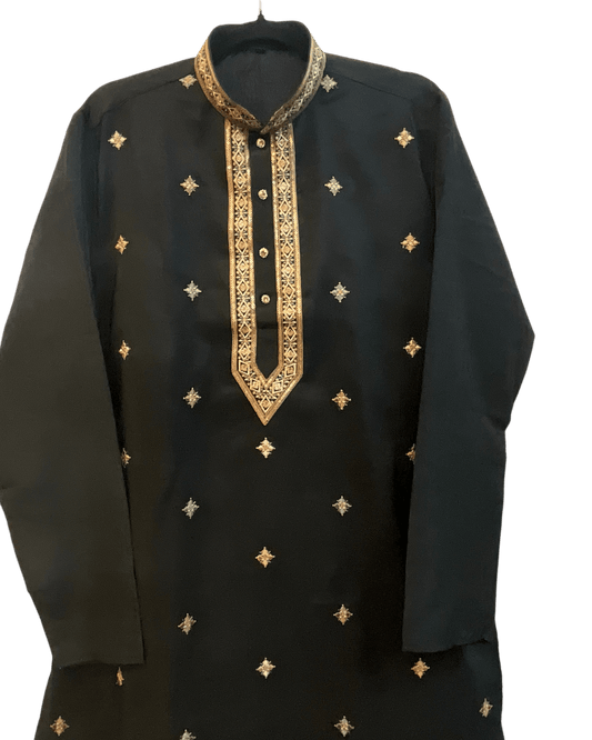 Black - Soft Cotton Silky Mens Kurta Set with Neck Thread Embroidery- Sangeet Mehendi Haldi - KCS1025 06VY26 - Prachy Creations