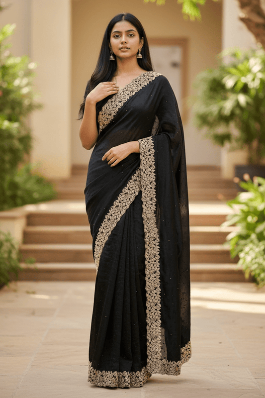 Black - Soft Crepe - Stone Work Saree with Blouse Piece - UK stock - 24hr Dispatch - RS2540 TV - Prachy Creations