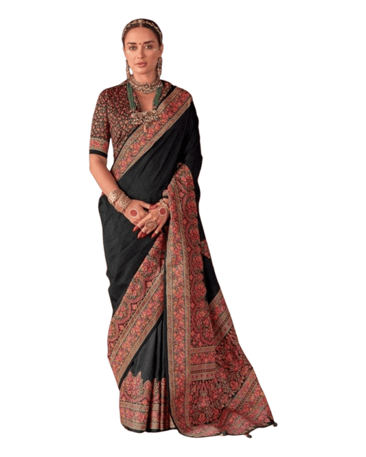 Black - Traditional Block Printed Dupion Silky Saree with Blouse Piece - UK Stock - 2/3 days Delivery 12KC25 K913 - Prachy Creations