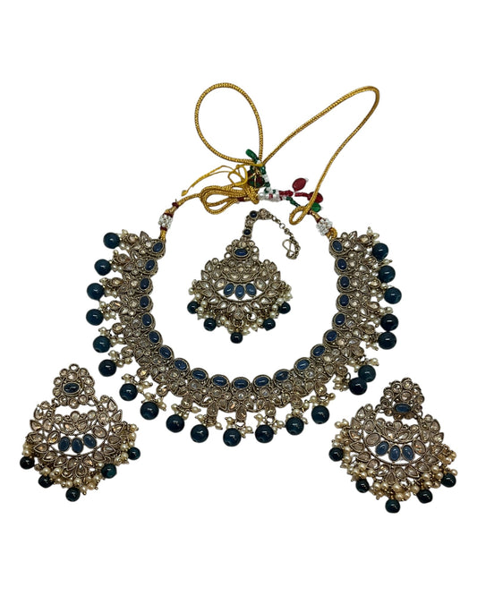 Blue - Large Size Antique Gold Finish Necklace Set with Earrings & Head Piece - Bollywood - AE2514 08KY25 - Prachy Creations