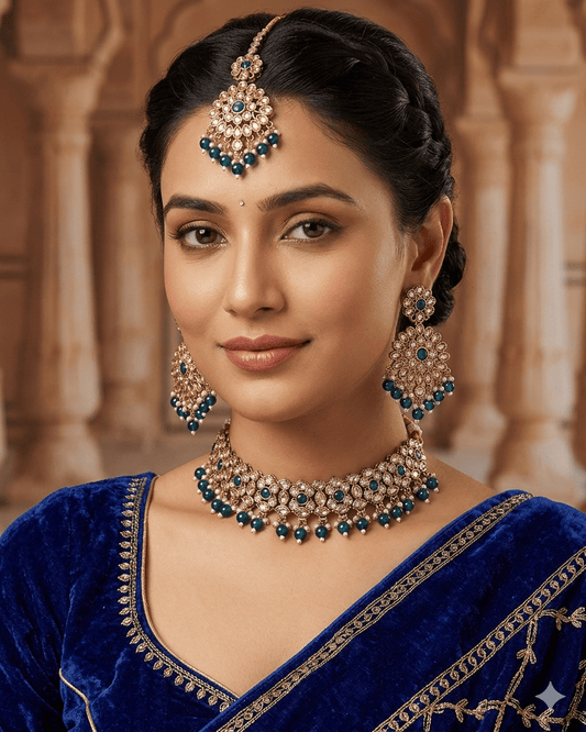 Blue - Large Size Antique Gold Finish Necklace Set with Earrings & Head Piece - JIG111 04Cp26 - Prachy Creations