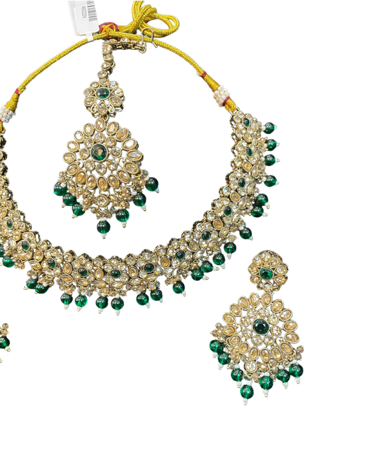 Blue - Large Size Antique Gold Finish Necklace Set with Earrings & Head Piece - JIG111 04Cp26 - Prachy Creations