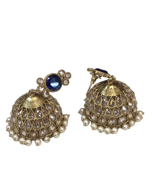 Blue - Large Size Antique Gold Finish Necklace Set with Earrings - SV2405 KJ 0424 - Prachy Creations