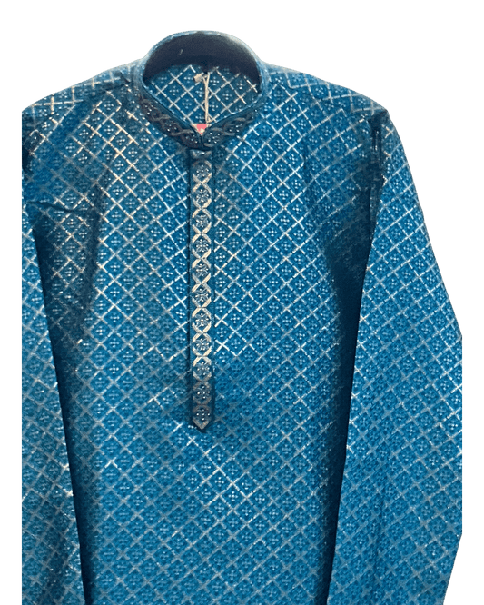 Blue - Men’s Embroidered Jacquard Kurta Set with Trousers - UK Stock - Weddings / Walimas , Sangeet, Diwali, Eid, Mehndi / Henna - VEE3045 VK - Prachy Creations