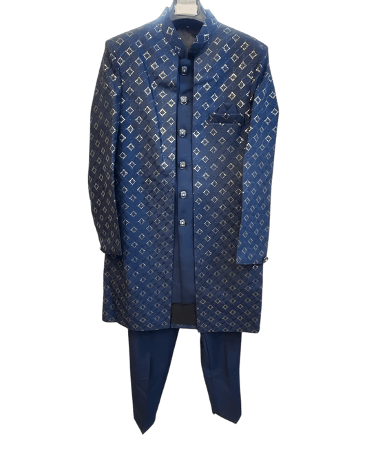 Blue - Mens Knee Length Jacket with Long Waistcoat - Sherwani / Indo-Western - Fantastic Fit - KCS6625 03TT26 - Prachy Creations