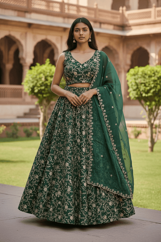 Bottle Green - Banarasi Brocade Silky Lehenga Set - Mehndi / Sangeet / Bridesmaids / Weddings / Garba - Size UK 12 (38" Bust) Adjustable to Size 14 - UK Stock - 24h Dispatch - AF2601 02VP26 - Prachy Creations