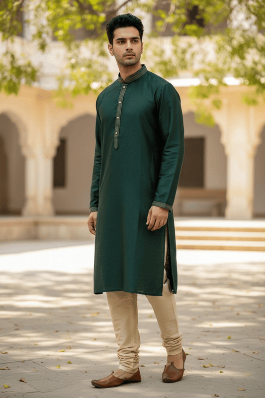 Bottle Green - Banarasi Handloom Brocade Mens Indian Kurta set - UK Stock - Weddings / Walimas , Sangeet, Diwali, Eid, Mehndi / Henna - VEE2532 KR - Prachy Creations