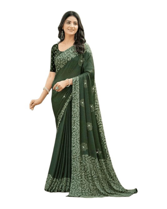Bottle Green - Chiffon Printed Saree with Blouse Piece - UK stock - 24hr Dispatch - LTF102 07KT26 - Prachy Creations