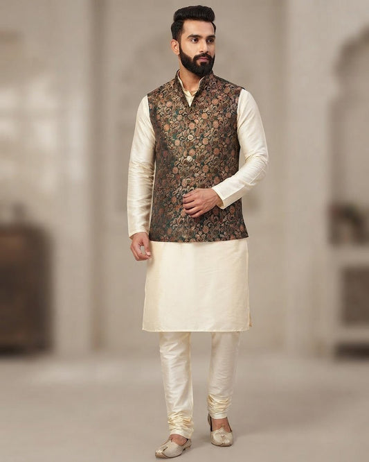 Bottle Green - Premium Banarasi Handloom Brocade - Mens Indian Waistcoat - UK Stock - 24 hr Dispatch - VNS2603 03KP26 - Prachy Creations
