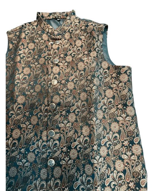 Bottle Green - Premium Banarasi Handloom Brocade - Mens Indian Waistcoat - UK Stock - 24 hr Dispatch - VNS2603 03KP26 - Prachy Creations