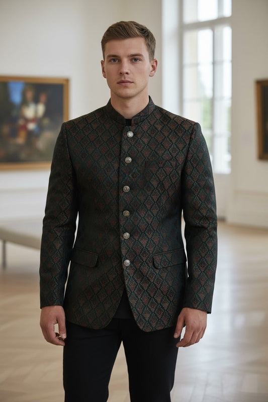 Bottle Green - PREMIUM Slim Fit Mens Contrast Brocade BandhGala / Prince / Chinese Collar Jacket - Fantastic Fit - VNS-JOD13 10TY25 - Prachy Creations