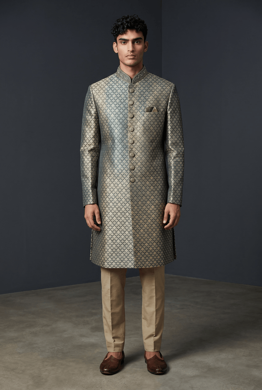 Bottle Green - Rich Banarasi Briocade Mens Sherwani Set with Smart Pants - Weddings / Walimas , Sangeet, Eid, Mehndi / Henna - SHU2601 TV 0526 - Prachy Creations