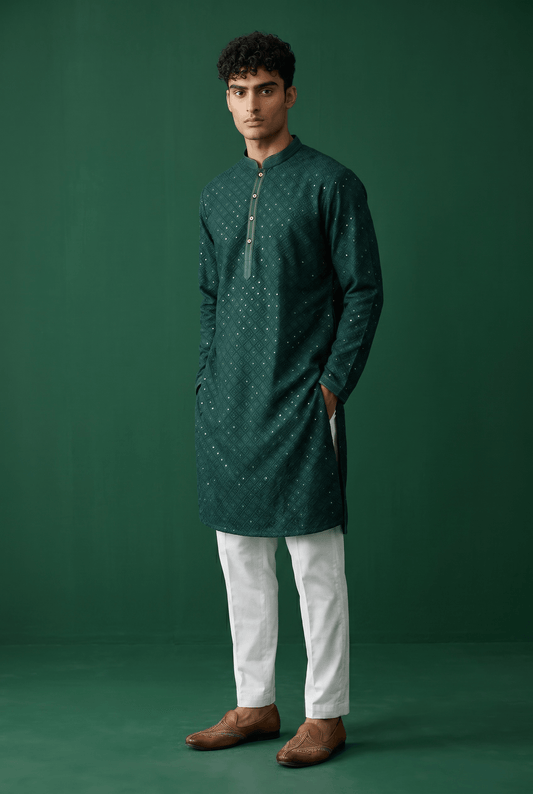 Bottle Green - Rich Sequins Lucknowi Mens Indian Kurta set with Trousers - UK Stock - Weddings / Walimas , Sangeet, Diwali, Eid, Mehndi / Henna - EM10513 05VH26 - Prachy Creations