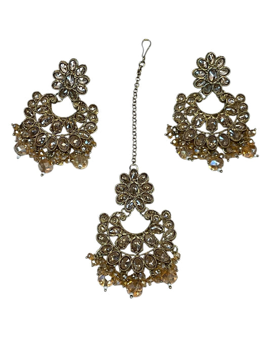 Champagne / Crystal - Large Size Antique Gold Finish Long Necklace Set with Earrings - RAK408 KY 0525 - Prachy Creations