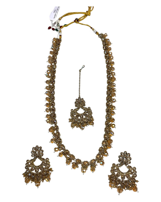 Champagne / Crystal - Large Size Antique Gold Finish Long Necklace Set with Earrings - RAK408 KY 0525 - Prachy Creations