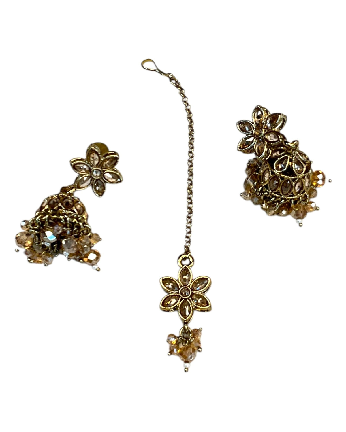 Champagne / Crystal - Medium Size Antique Gold Finish Long Necklace Set with Earrings - RAK411 H 0525 - Prachy Creations