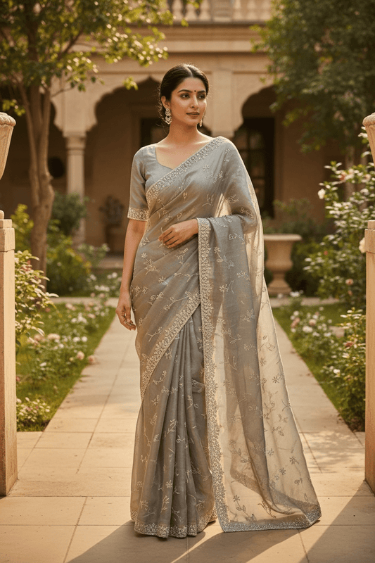 Champagne - Fancy Embroidered Saree with Blouse Piece - UK stock - 24hr Dispatch - SP250627 TV - Prachy Creations