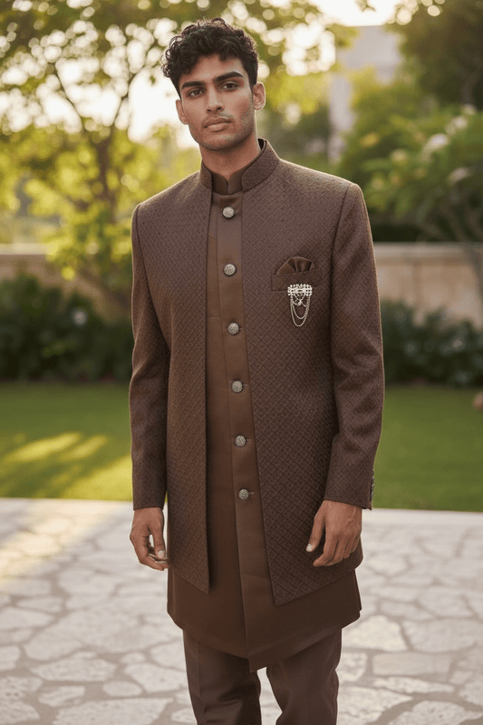 Chestnut Brown - PREMIUM Mens Knee Length Jacket with Long Waistcoat - Sherwani / Indo Western - Fantastic Fit - KCS6633 05RY25 - Prachy Creations