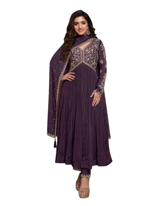 Chiffon - Purple Anarakali Long Dress with Trousers - Size 14 (Bust 40") - Inside Margin to let out ( 3 to 4")VF66574 TY 1024 - Prachy Creations