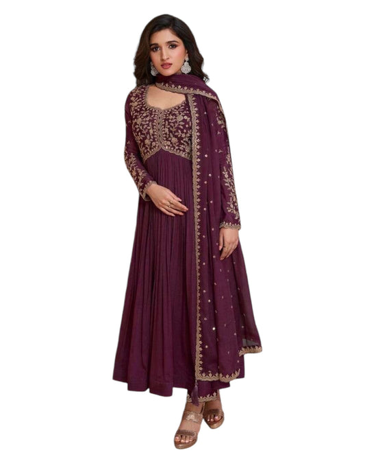 Chiffon - Wine Anarakali Long Dress with Trousers - Size 12 (Bust 38") - Inside Margin to let out ( 3 to 4")VF66572 TY 1024 - Prachy Creations