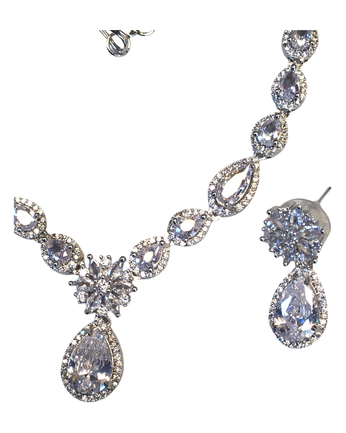 Clear - American Diamond Style Silver Finish Small Size Necklace Set with Earrings - AE2422 11H24 - Prachy Creations