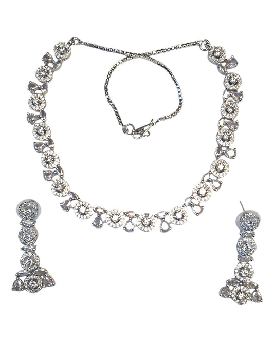 Clear - American Diamond Style Silver Finish Small Size Necklace Set with Earrings - AE2423 11C24 - Prachy Creations