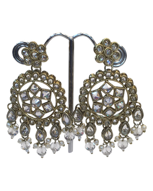 Clear - Large Size Antique Gold Finish Long Necklace Set with Earrings - RZ13 11KT24 - Prachy Creations