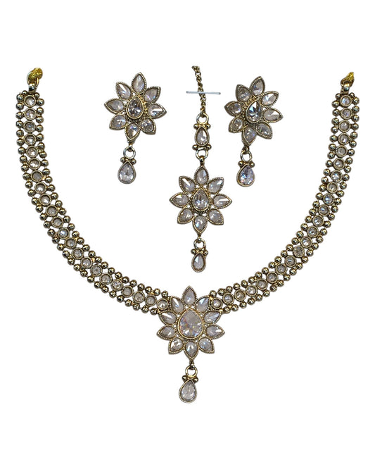 Clear - Medium Size Antique Gold Finish Necklace Set with Earrings & Head Piece /Tika- SLV80 11H24 - Prachy Creations