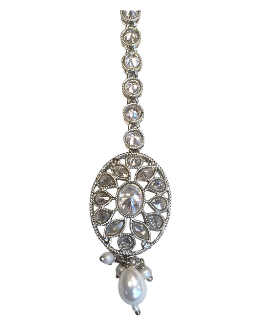 Clear - Silver Finish Medium Size Tika Head Piece - Indian Ladies Fashion Jewellery - AE2442 11Vp24 - Prachy Creations