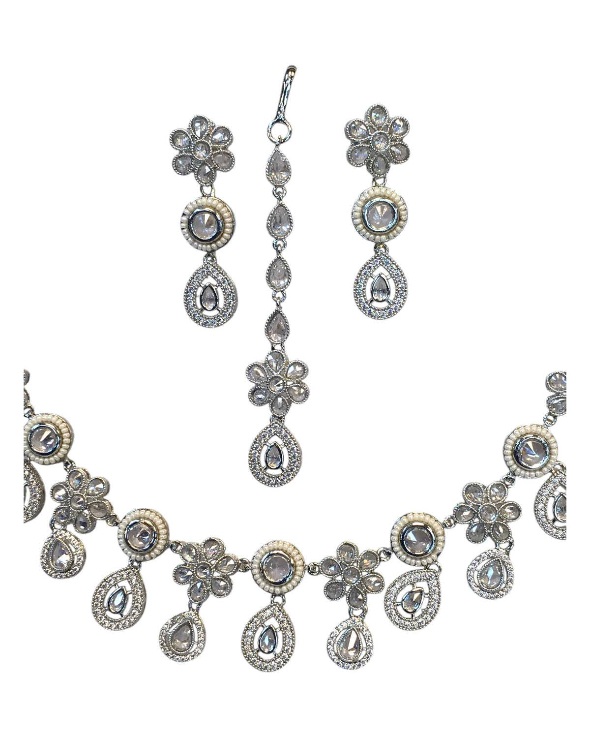 Clear - Silver Finish Necklace & Earrings Set - Bollywood - Weddings - KAJ1038 11KV24 - Prachy Creations