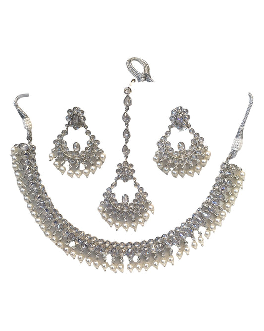 Clear - Silver Finish Necklace & Earrings Set - Bollywood - Weddings - KAJ1040 11KK24 - Prachy Creations